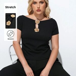 SHEIN Black Short Sleeve Top with Gold Rose Accents